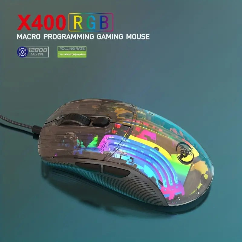 HXSJ New USB Wired Transparent Game Mouse 12800DPI Adjustable Plug and Play RGB Light for E-sports Home Office Optical Mouse