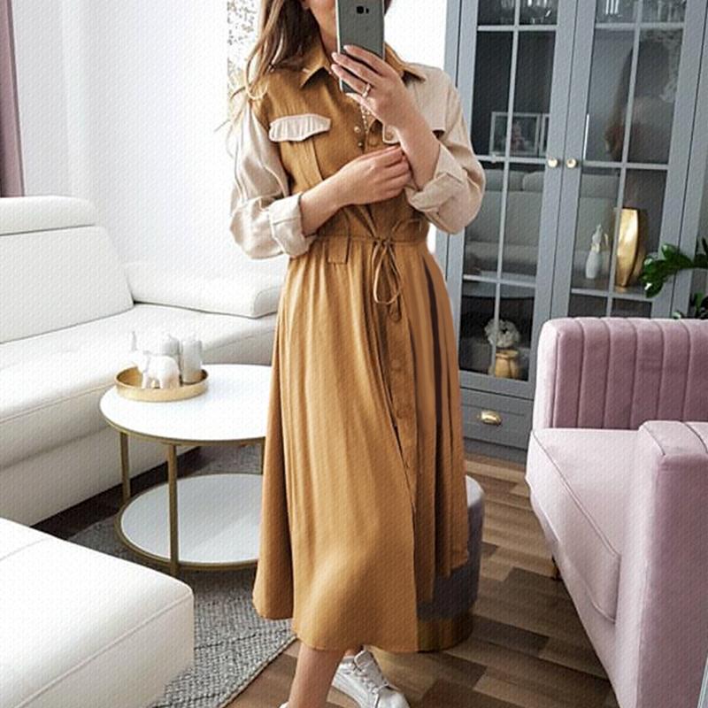 Elegant Khaki mid waist long sleeve dress autumn winter long female