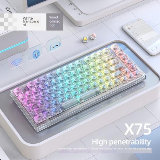 Bàn phím cơ không dây Xinmeng X75 Bluetooth miếng đệm trong suốt tùy chỉnh có dây RGB phích cắm nóng Kaihua jellyfish