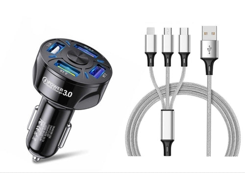 4 Port LED Car Charger + 3 in 1 Cable Combo Silver