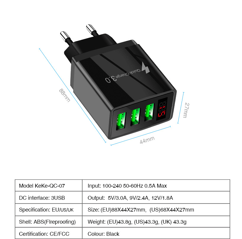 PBG 3 端口壁式充电器，带 LED 电压显示，可同时为 3 台设备充电