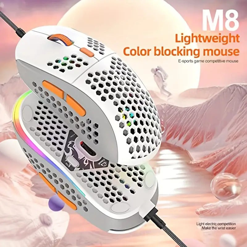 M8 LED Gaming Mouse, Ergonomic Ultralight Honeycomb Housing, Custom Tri-Color Design, Chroma RGB Backlight, 7 Programmable Buttons 6400 DPI, Computer Mouse for PS4, Xbox, Laptop