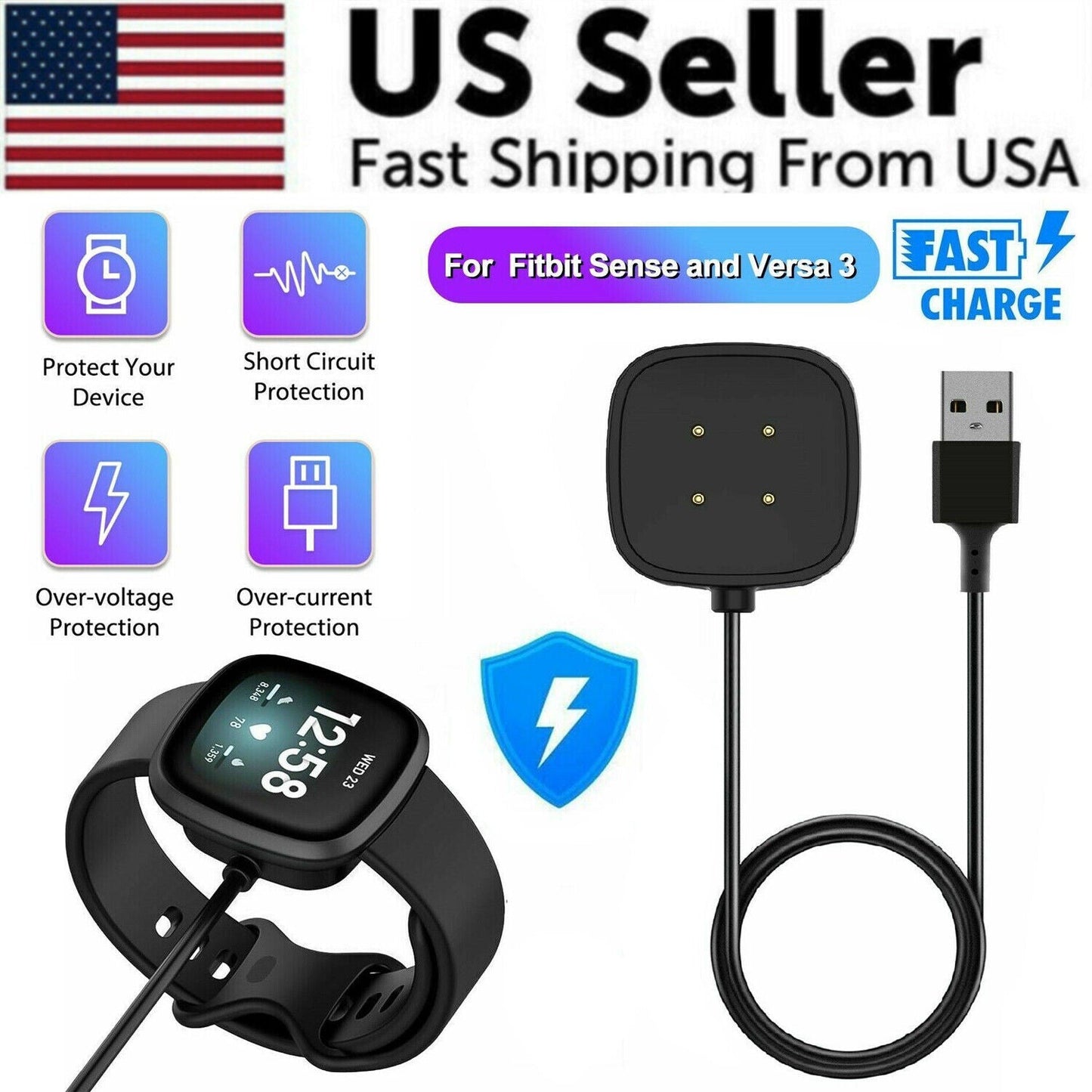 Wireless Charger For Fitbit Sense Versa 3 4 Watch USB Fast Charging