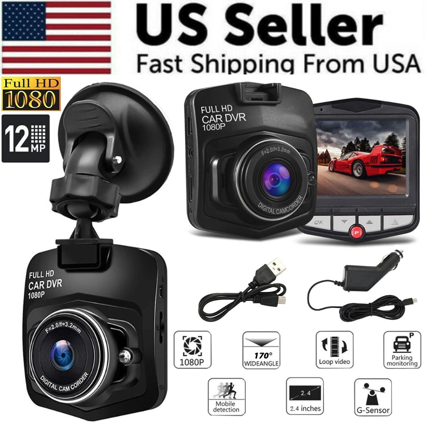 2.4'' Full HD 1080P Dash Cam Car DVR Front or Rear Camera Night Vision