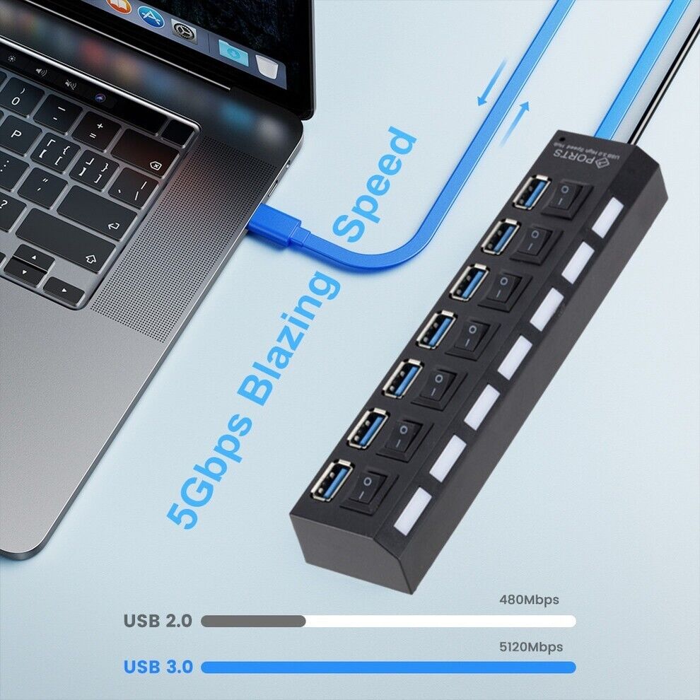 7 Port USB 2.0 / 3.0 Hub Splitter Adapter High Speed For PC Laptop Mac