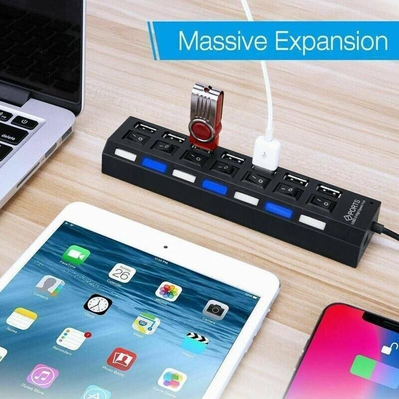 7 Port USB 2.0 / 3.0 Hub Splitter Adapter High Speed For PC Laptop Mac