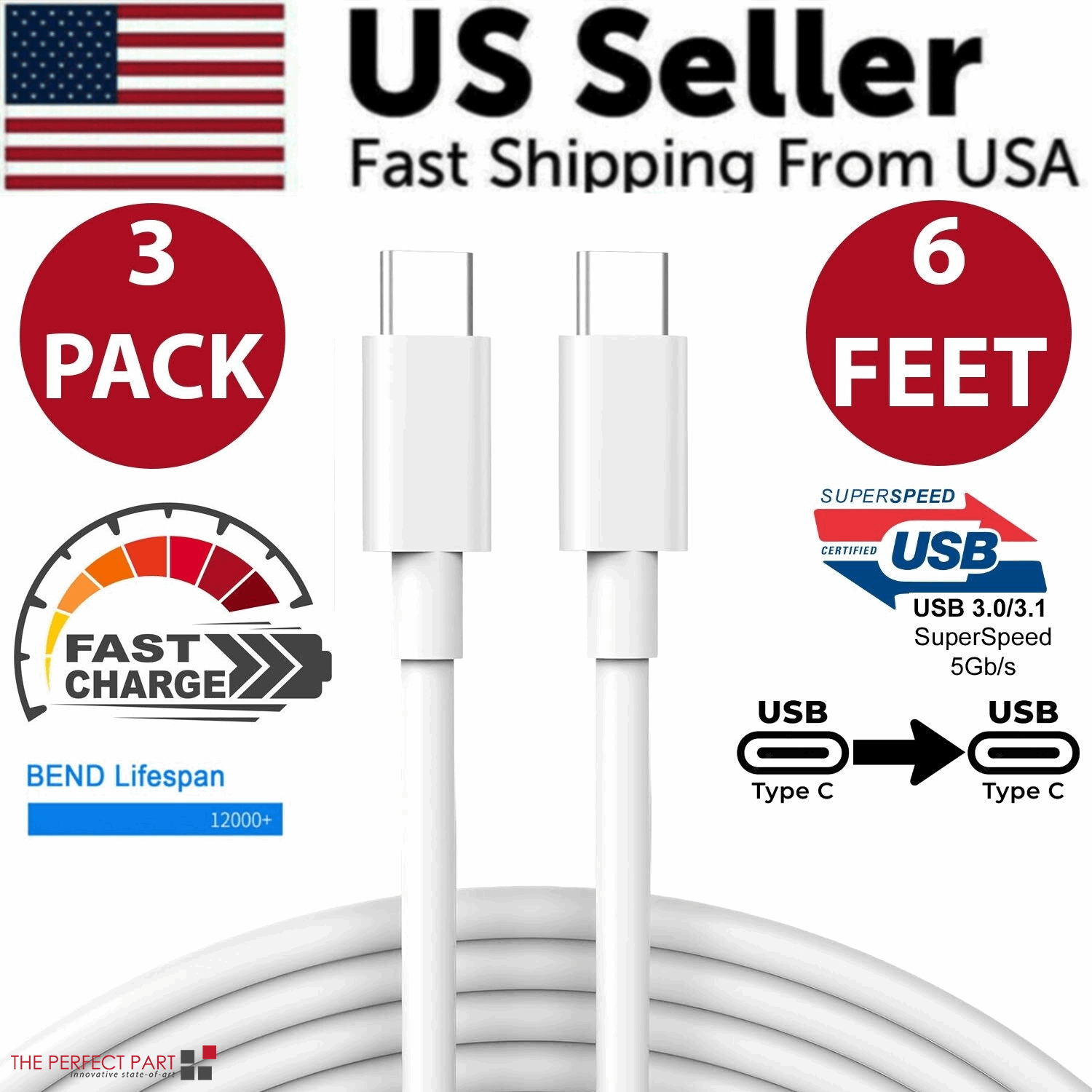 3 Pack 6FT USB-C to USB-C Cable Fast Charge Type C Charging Cord Rapid