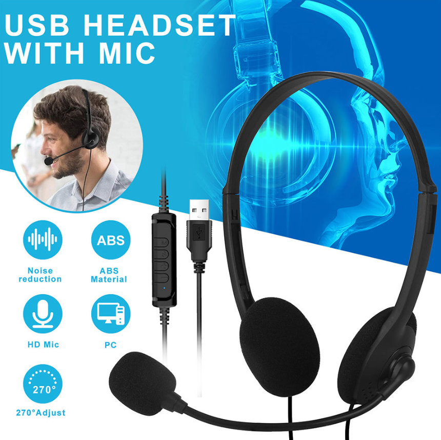 USB Headset Headphone With Microphone Noise Cancelling For PC Computer