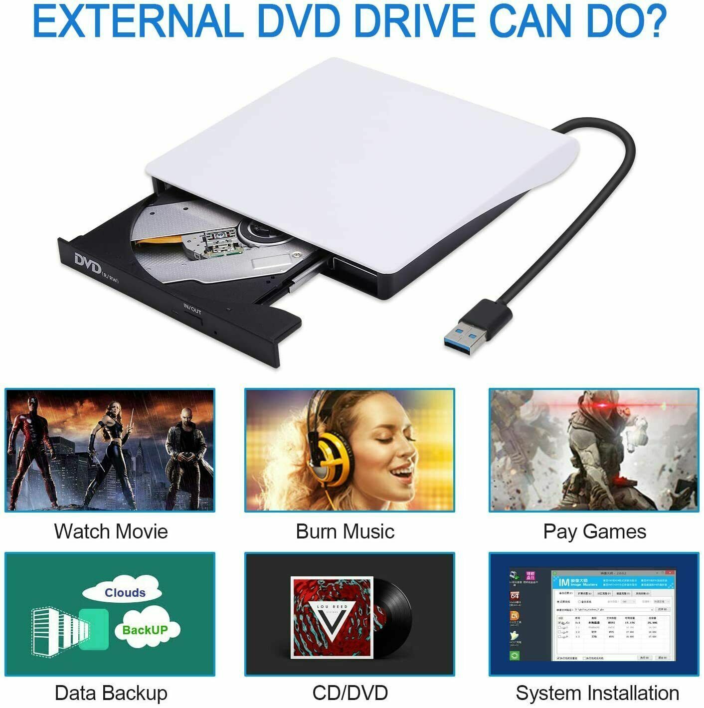 Slim External CD DVD Drive USB 3.0 Disc Player Burner Writer For