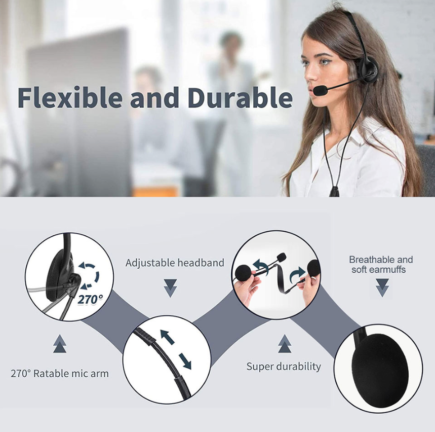 USB Headset Headphone With Microphone Noise Cancelling For PC Computer