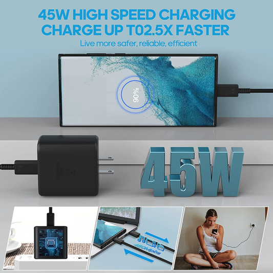 适用于三星 Galaxy S20 的 45W USB-C 超快速壁式充电器 + 6 英尺线缆