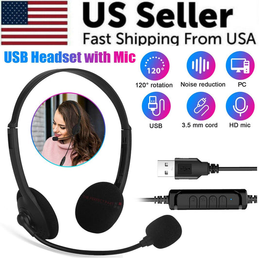 USB Headset Headphone With Microphone Noise Cancelling For PC Computer