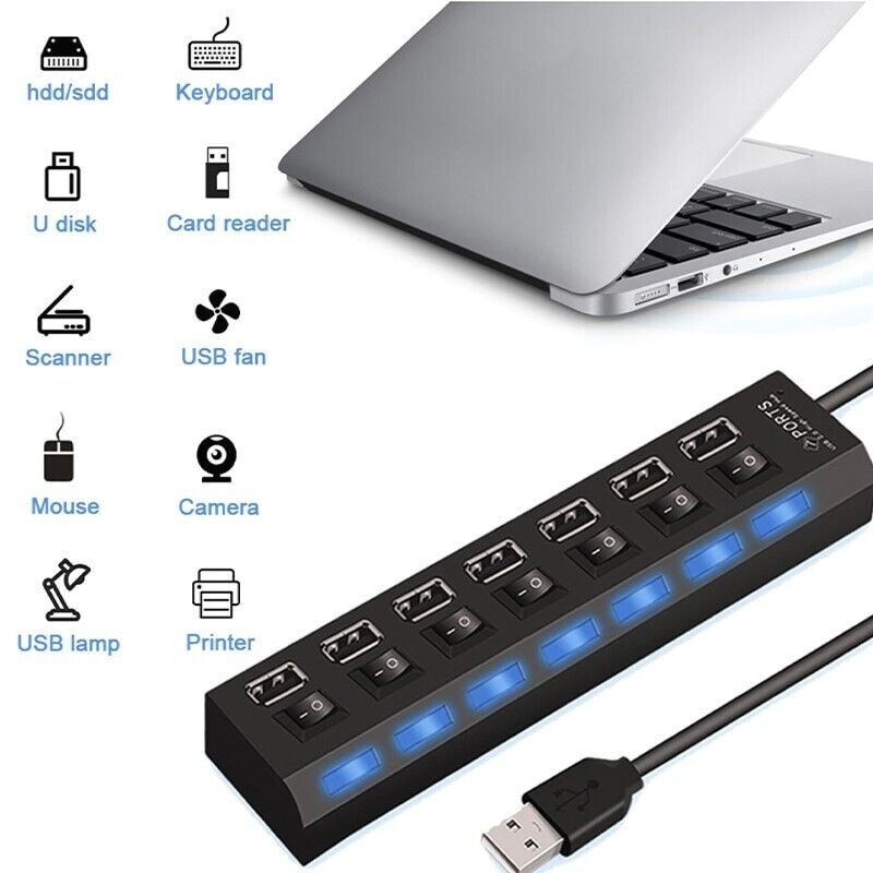 7 Port USB 2.0 / 3.0 Hub Splitter Adapter High Speed For PC Laptop Mac