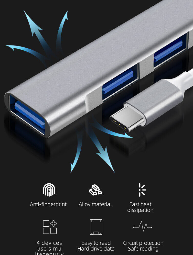 USB-C Type C to USB 3.0 4 Port Hub Splitter For PC Mac Phone MacBook