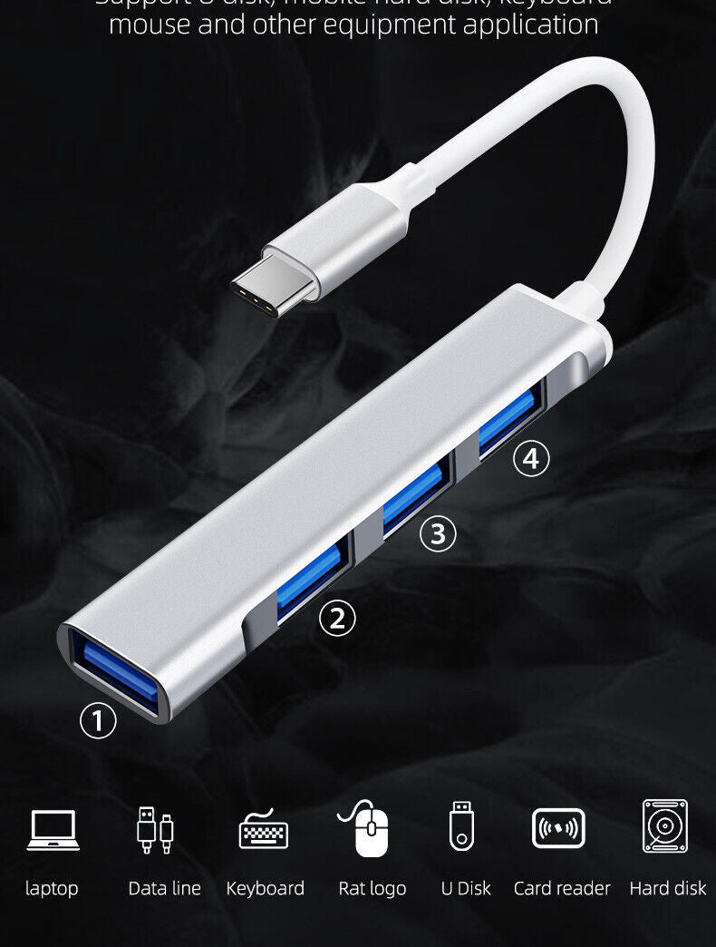 USB-C Type C to USB 3.0 4 Port Hub Splitter For PC Mac Phone MacBook