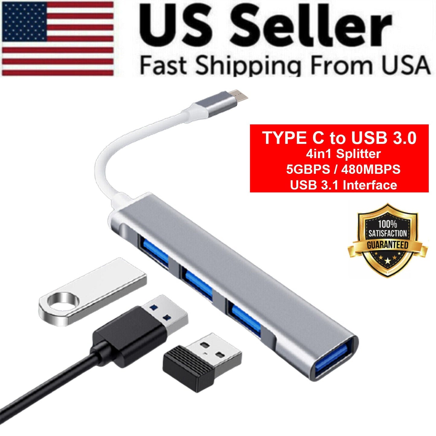 USB-C Type C to USB 3.0 4 Port Hub Splitter For PC Mac Phone MacBook