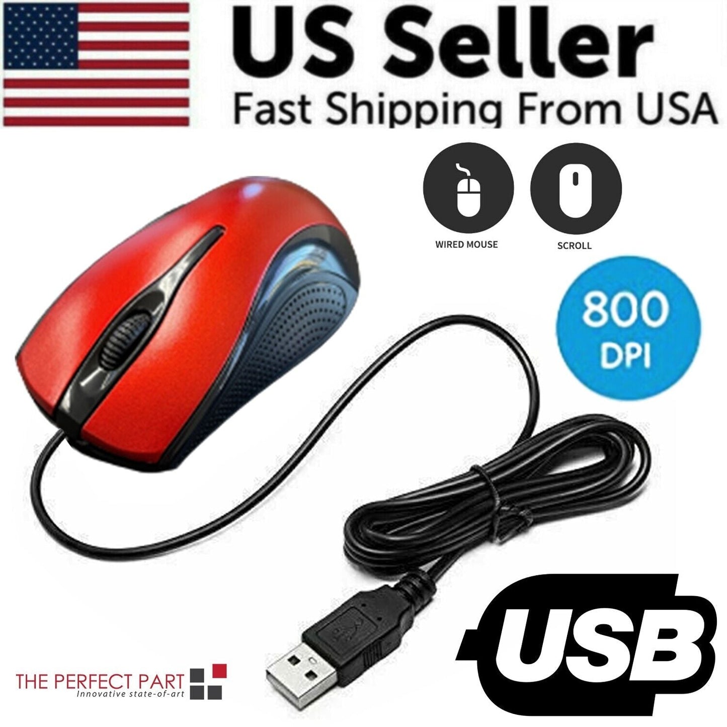 USB 2.0 Optical Wired Scroll Wheel Mouse For PC Laptop Notebook