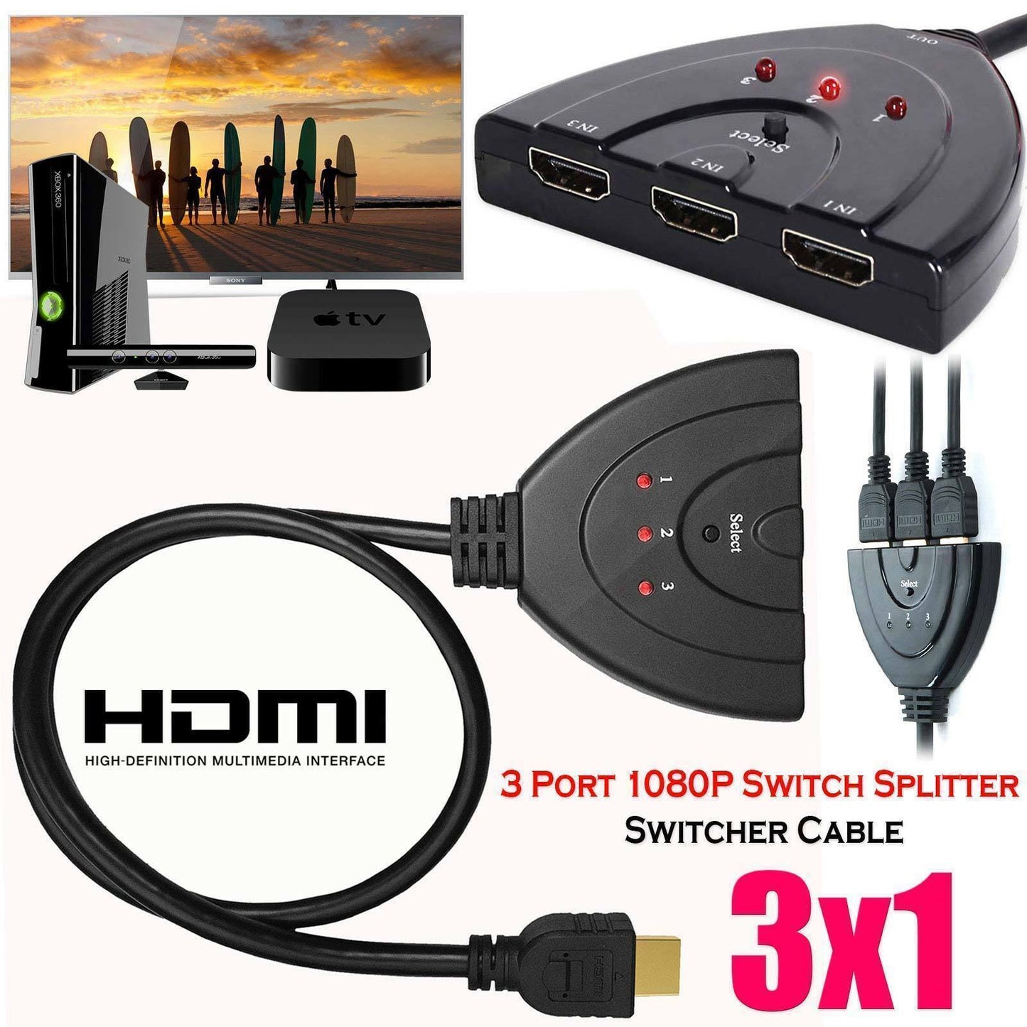 3 端口 HDMI 分配器电缆 1080/4K 切换器 切换器 HUB 适配器