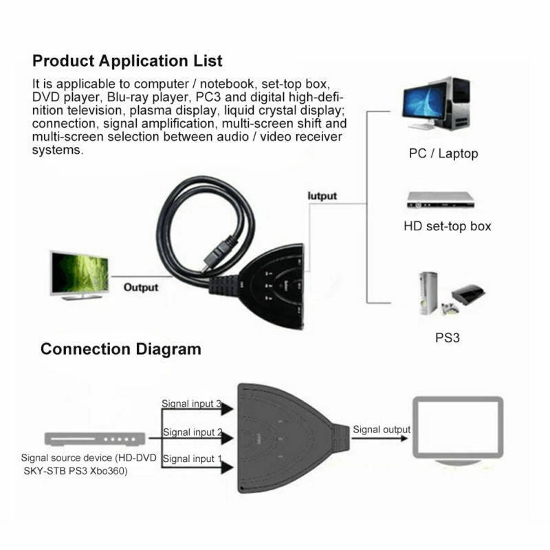 3 端口 HDMI 分配器电缆 1080/4K 切换器 切换器 HUB 适配器