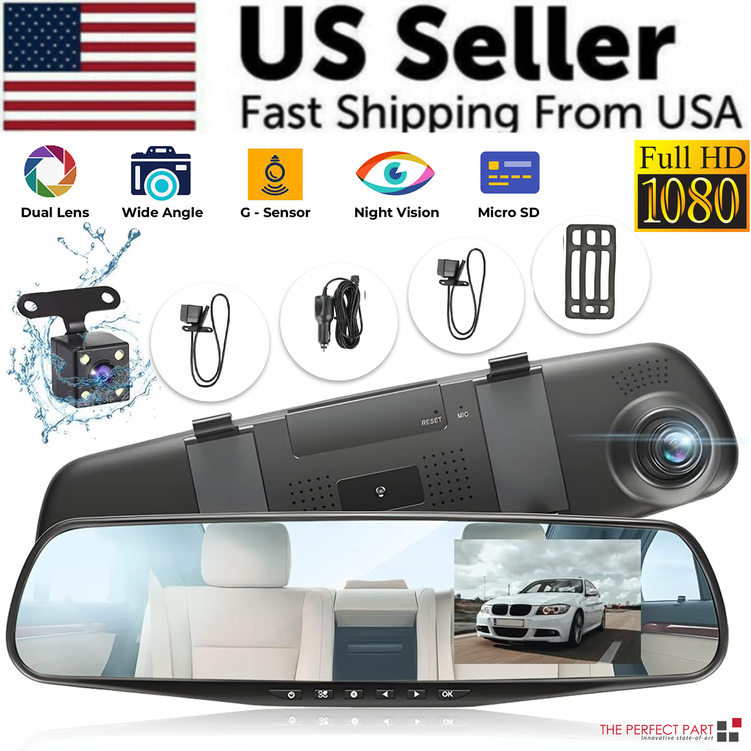 1080P HD Rearview Mirror Car DVR Dual Dash Cam Camera Front Rear Video