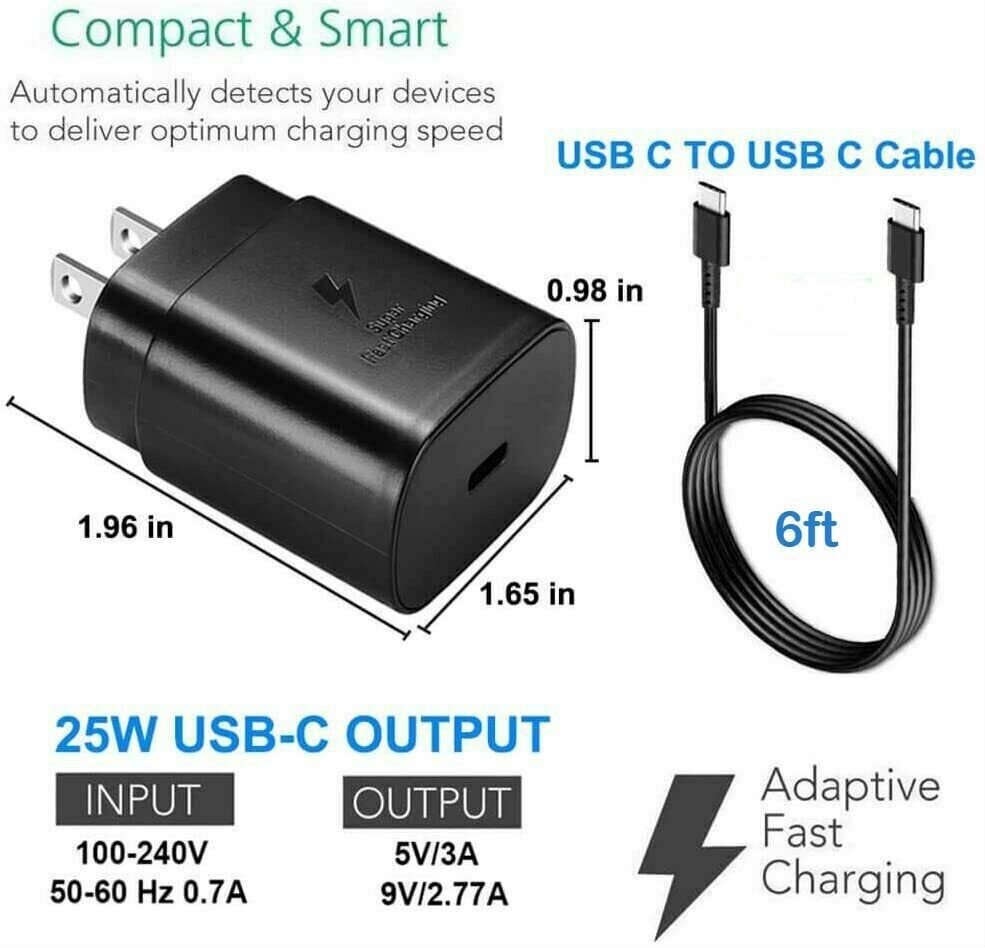 25W USB-C 型超快速壁式充电器 + 6 英尺线缆，适用于三星 Galaxy