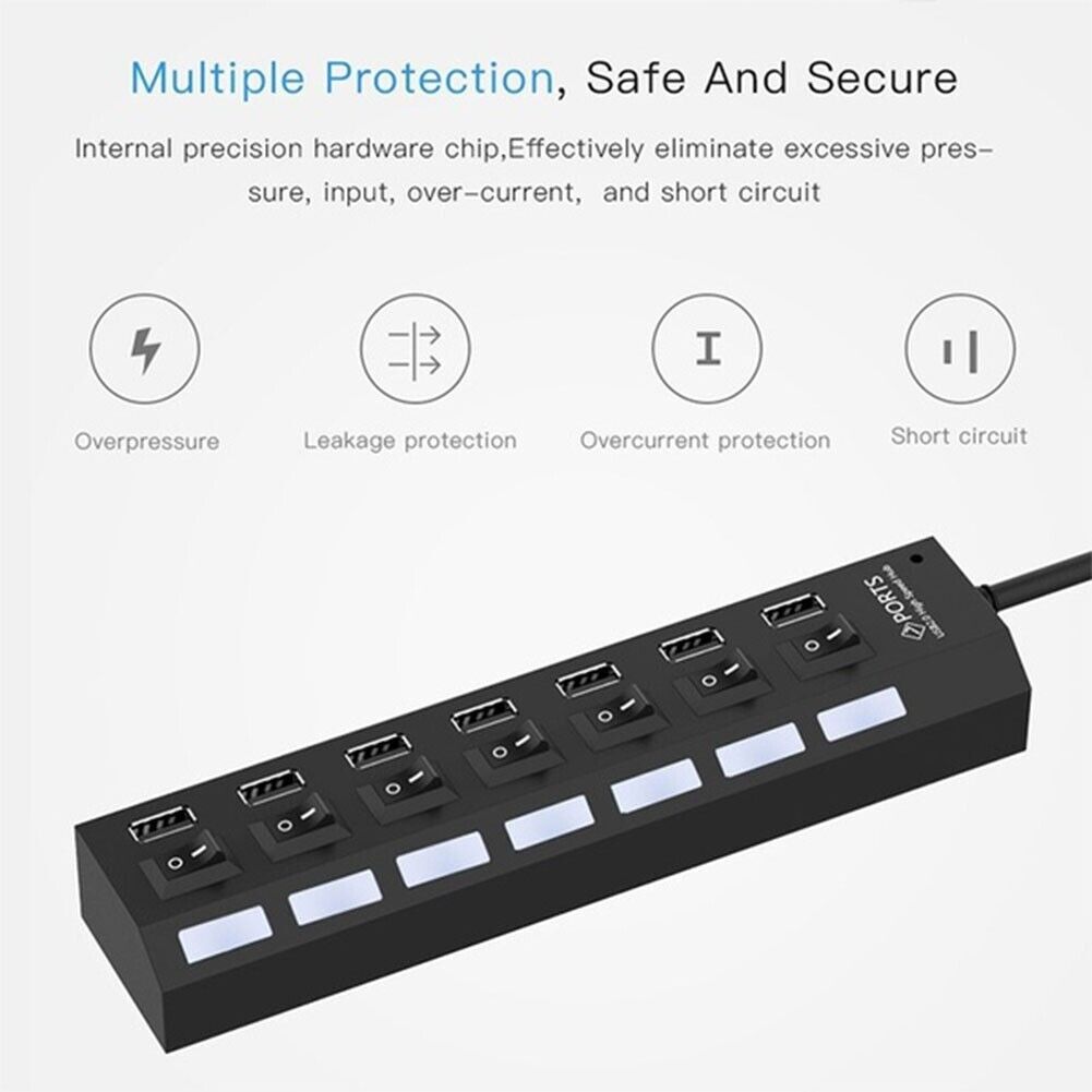 7 Port USB 2.0 / 3.0 Hub Splitter Adapter High Speed For PC Laptop Mac