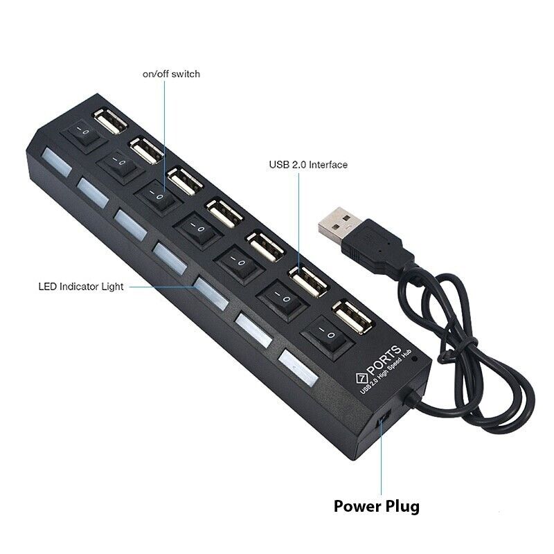 7 Port USB 2.0 / 3.0 Hub Splitter Adapter High Speed For PC Laptop Mac