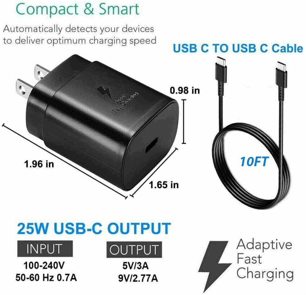 25w Super Fast Charger Type USB-C 10FT Cable For Samsung Galaxy S23