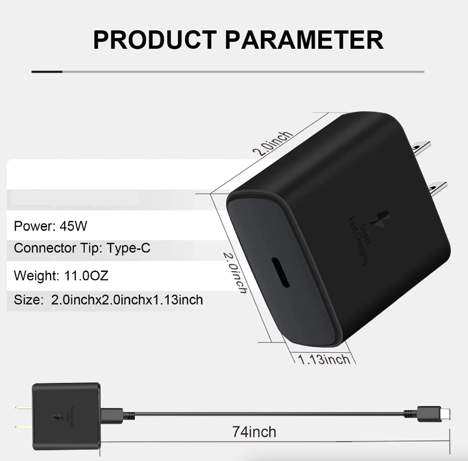 适用于三星 Galaxy S20 的 45W USB-C 超快速壁式充电器 + 6 英尺线缆