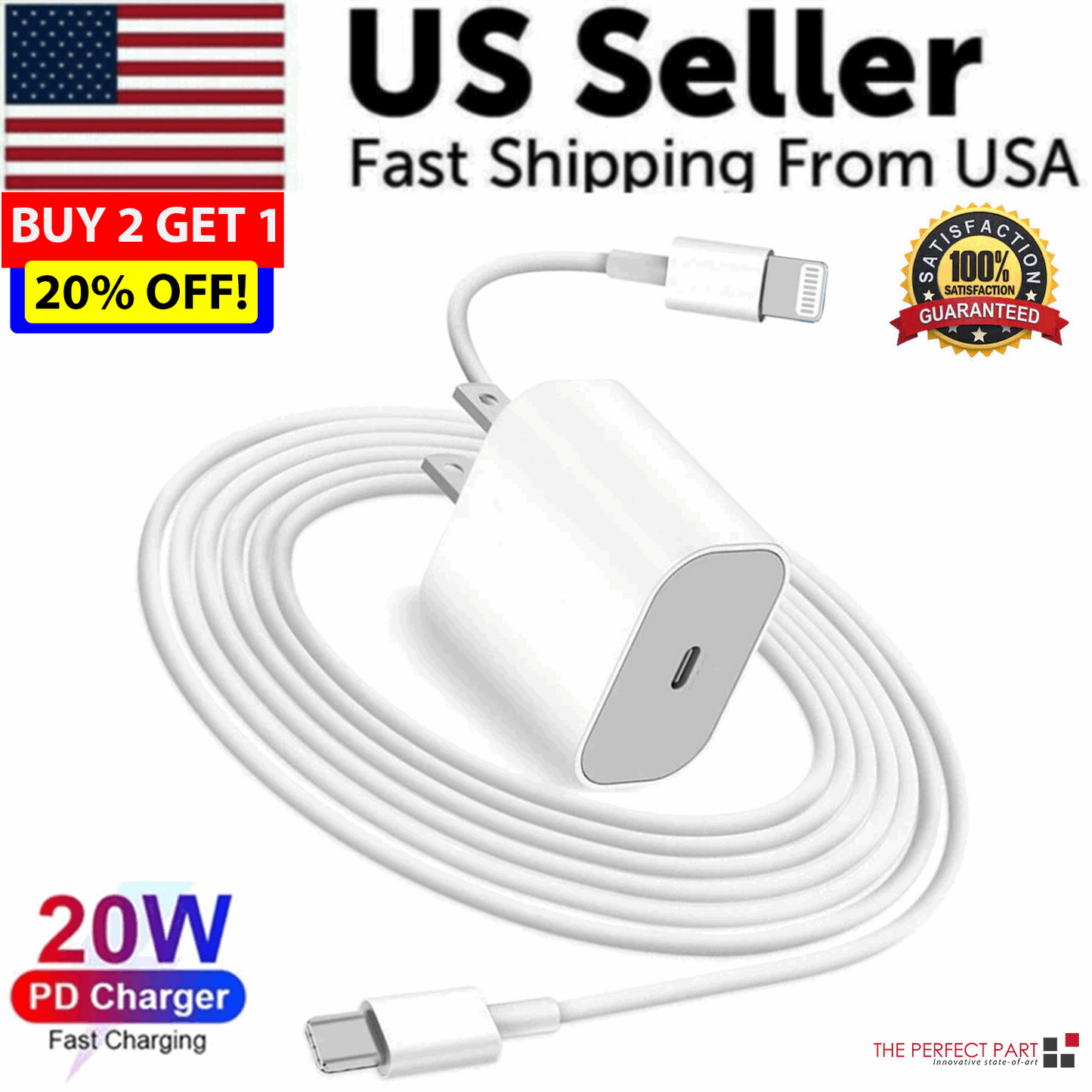 2024 20W USB-C Fast Charger PD Adapter Cable For iPhone 14/13/12/11 XR