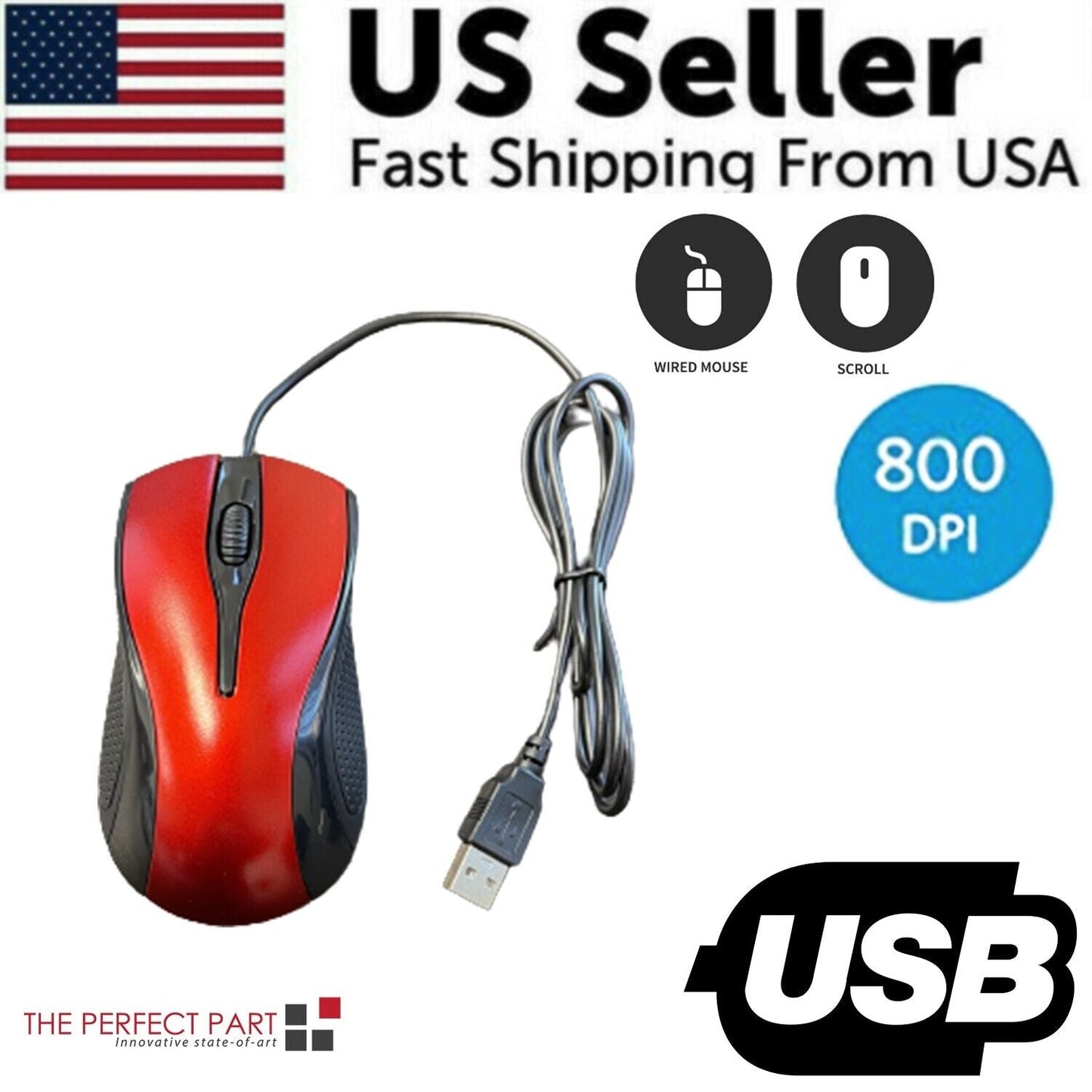 USB 2.0 Optical Wired Scroll Wheel Mouse For PC Laptop Notebook