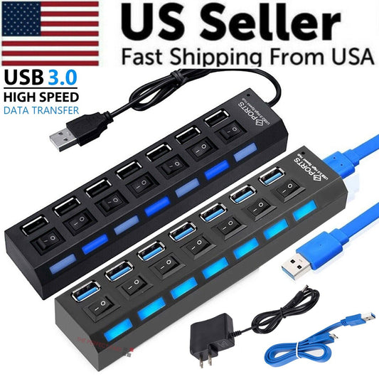 7 Port USB 2.0 / 3.0 Hub Splitter Adapter High Speed For PC Laptop Mac