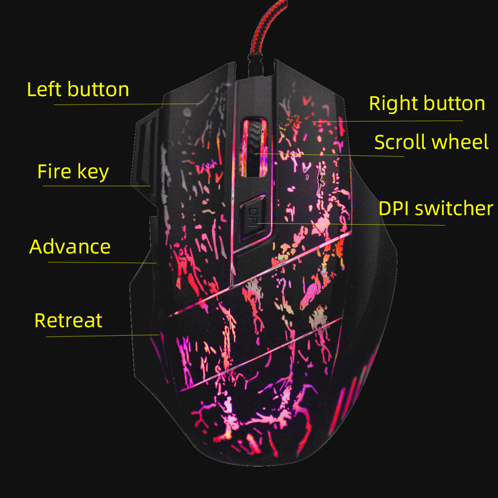 HXSJ running water crack game Mouse luminous foreign trade mouse seven-button game Mouse 3200DPI a generation