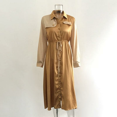 Elegant Khaki mid waist long sleeve dress autumn winter long female