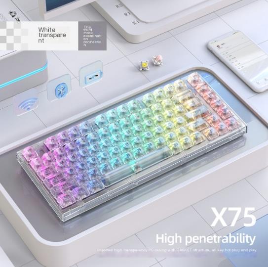 Bàn phím cơ không dây Xinmeng X75 Bluetooth miếng đệm trong suốt tùy chỉnh có dây RGB phích cắm nóng Kaihua jellyfish