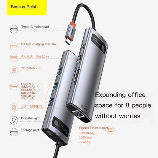 Baseus/Beisi Metal LLL Series 8-in -1 Multifunctional Type-C HUB Docking Station Multi-Port Split Adapter