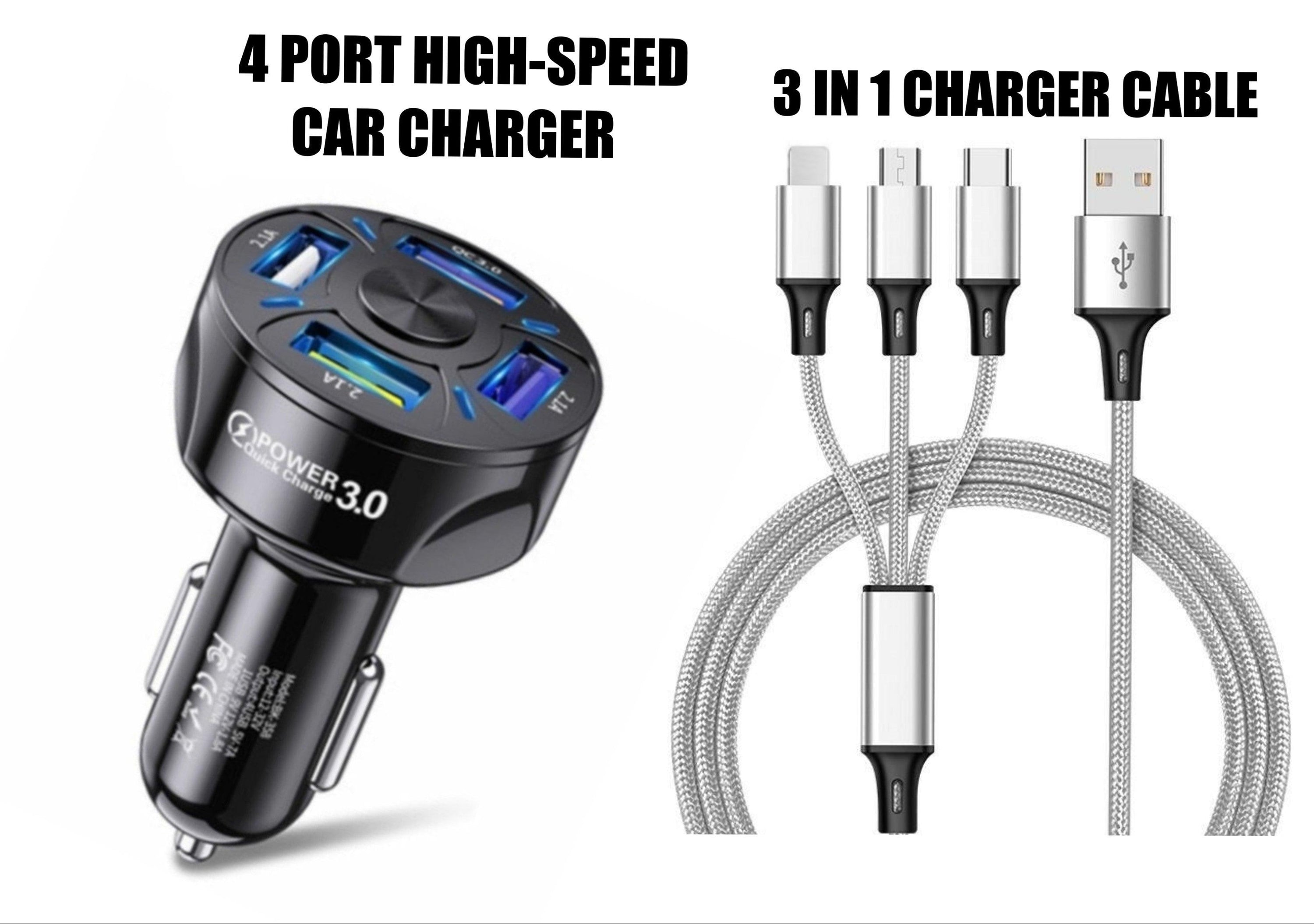 4 Port LED Car Charger + 3 in 1 Cable Combo Silver