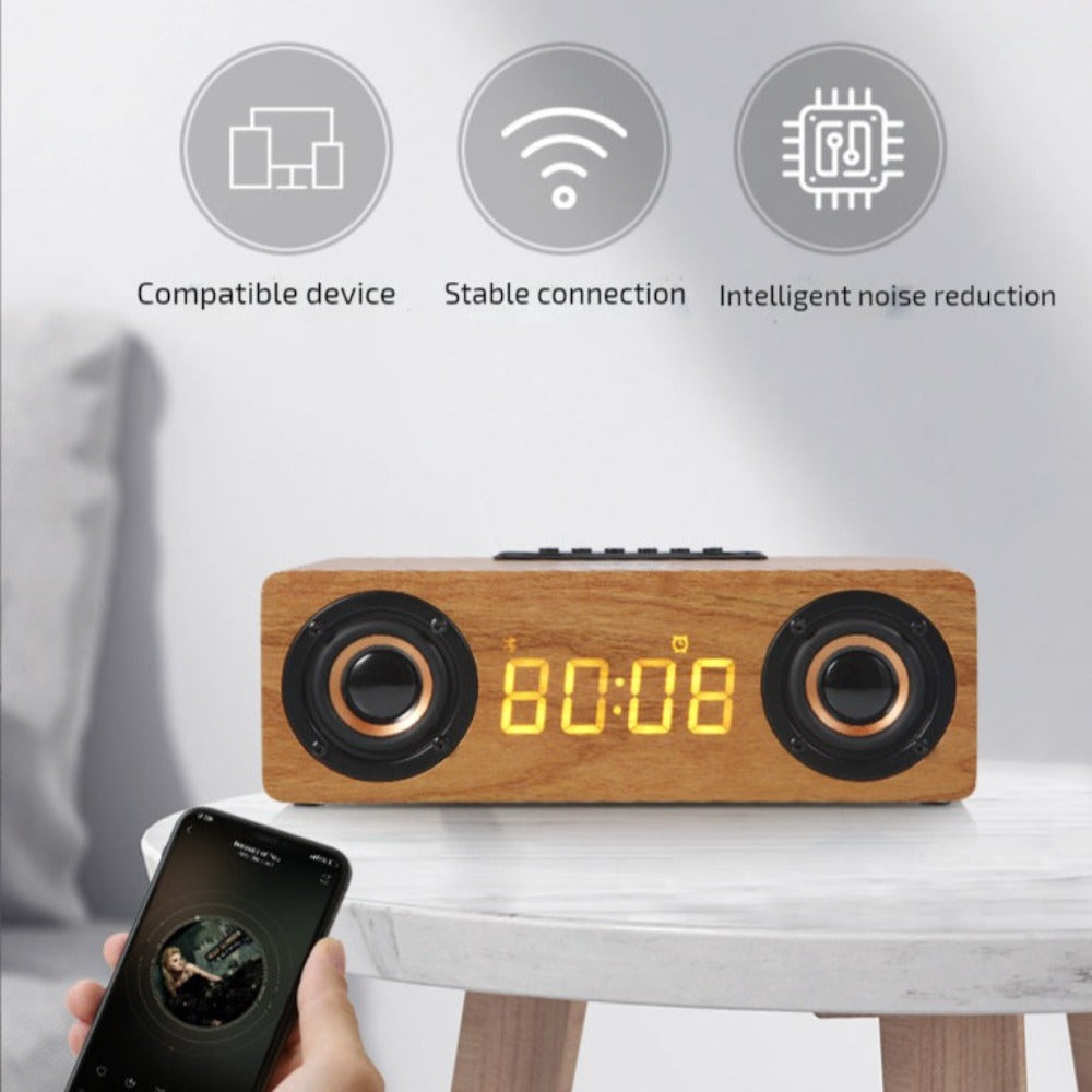 Wooden Retro Theme Wireless Charger Bluetooth Speaker Alarm Clock - Remarkable Finds