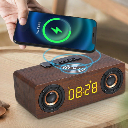 Wooden Retro Theme Wireless Charger Bluetooth Speaker Alarm Clock - Remarkable Finds