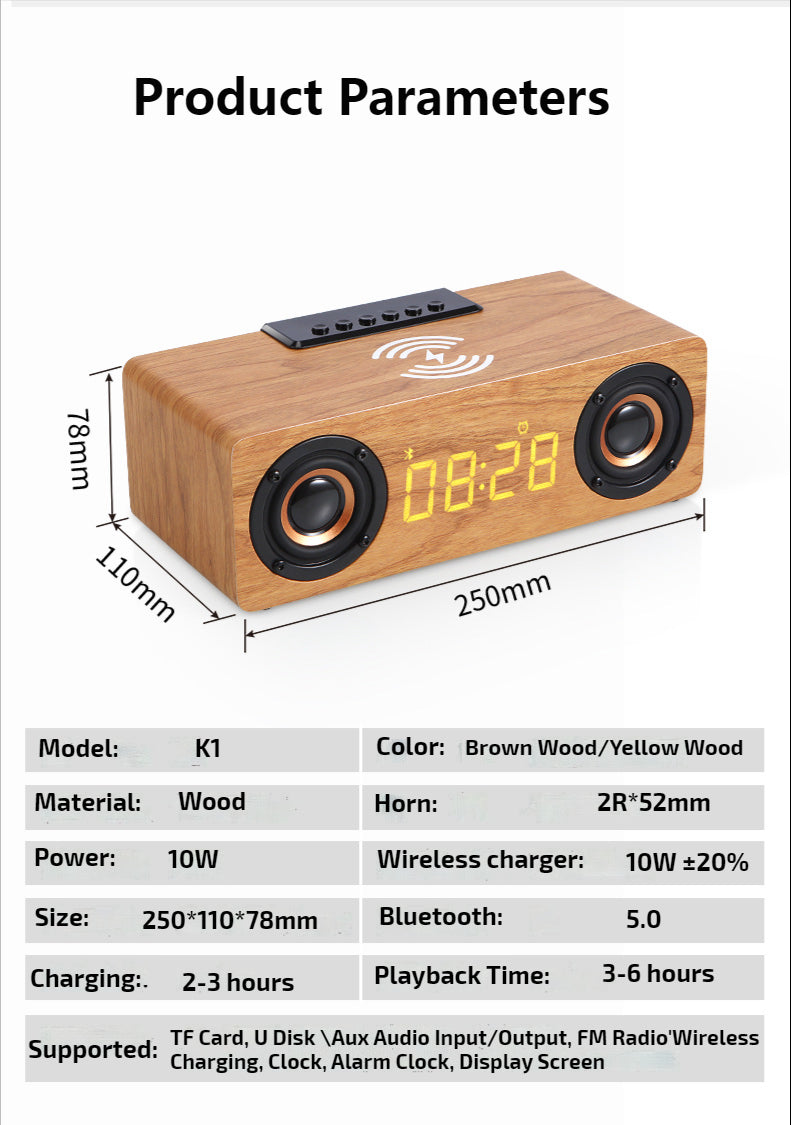 Wooden Retro Theme Wireless Charger Bluetooth Speaker Alarm Clock - Remarkable Finds