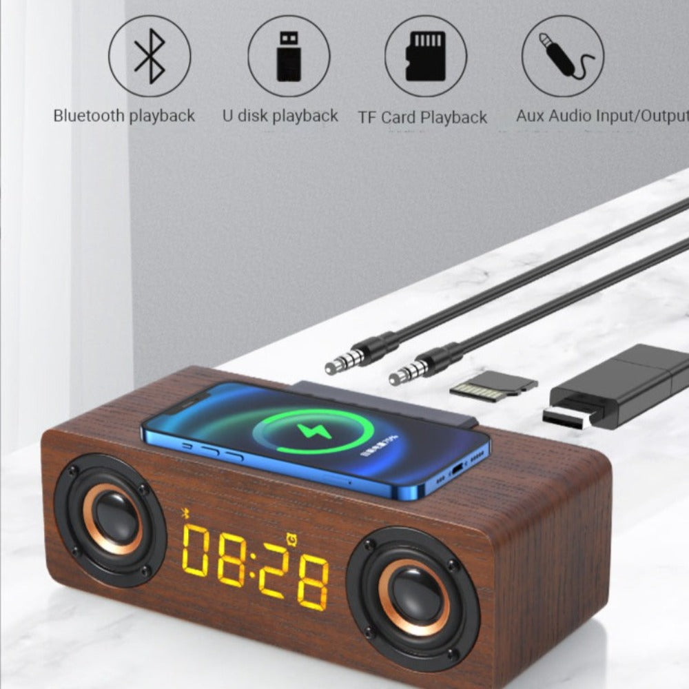 Wooden Retro Theme Wireless Charger Bluetooth Speaker Alarm Clock - Remarkable Finds