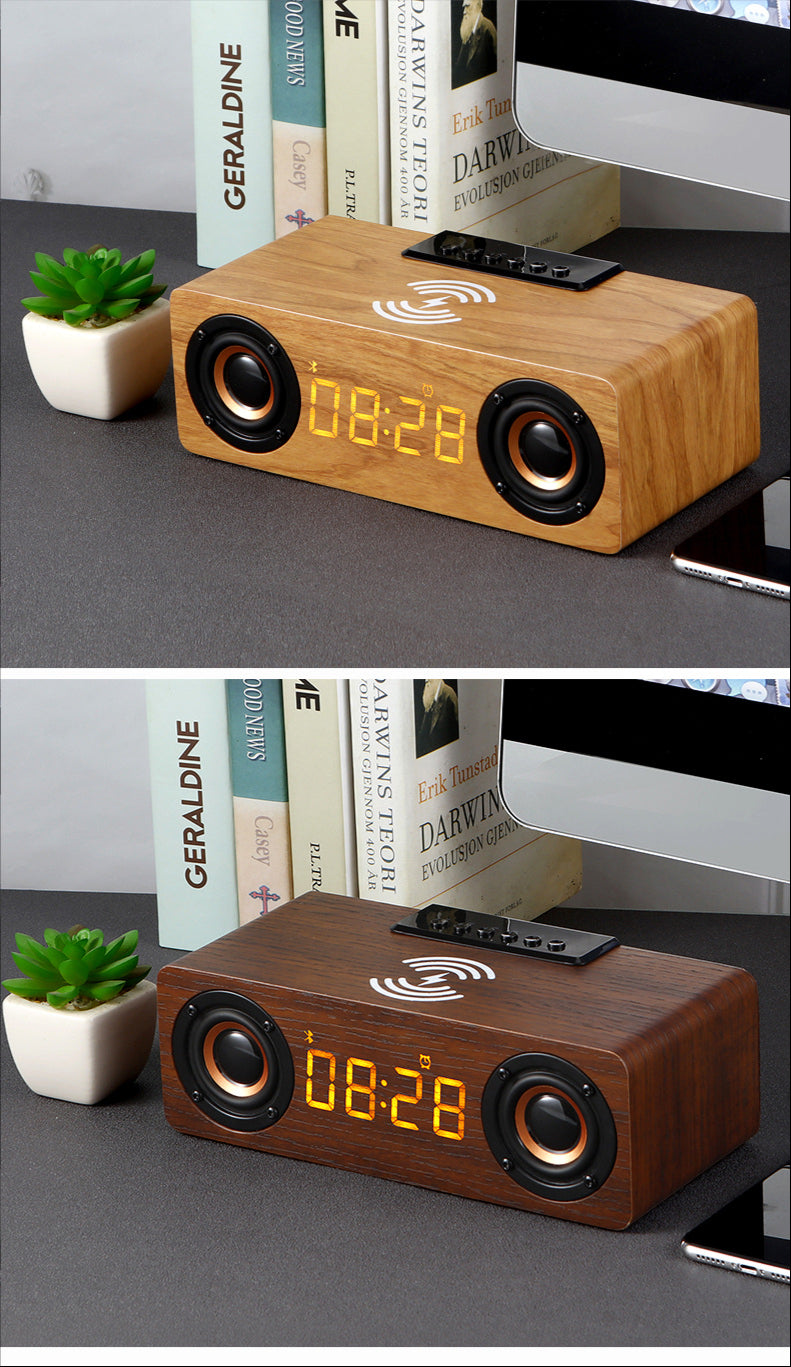 Wooden Retro Theme Wireless Charger Bluetooth Speaker Alarm Clock - Remarkable Finds