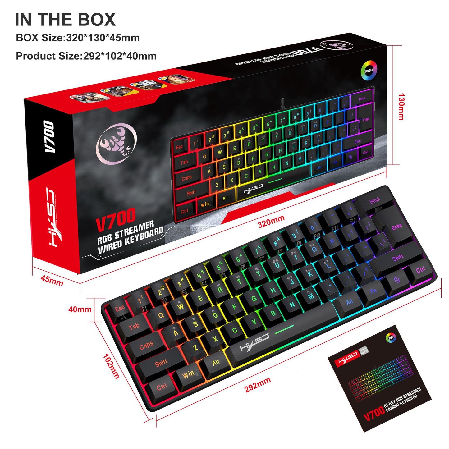 Bàn phím màng chơi game Hyss 61 phím RGB đèn bàn phím có dây di động nhiều phím tắt kết hợp điểm xuyên biên giới