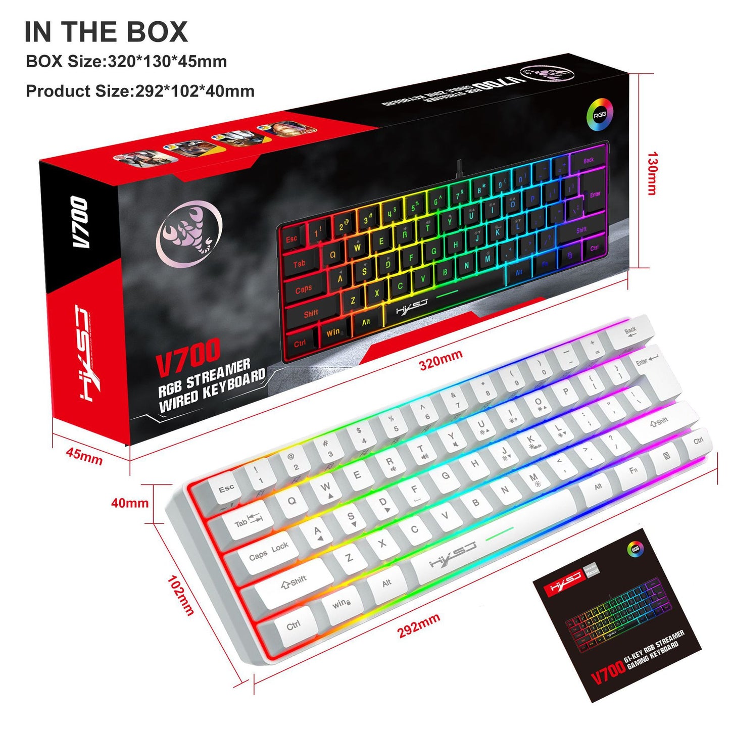 Bàn phím màng chơi game Hyss 61 phím RGB đèn bàn phím có dây di động nhiều phím tắt kết hợp điểm xuyên biên giới