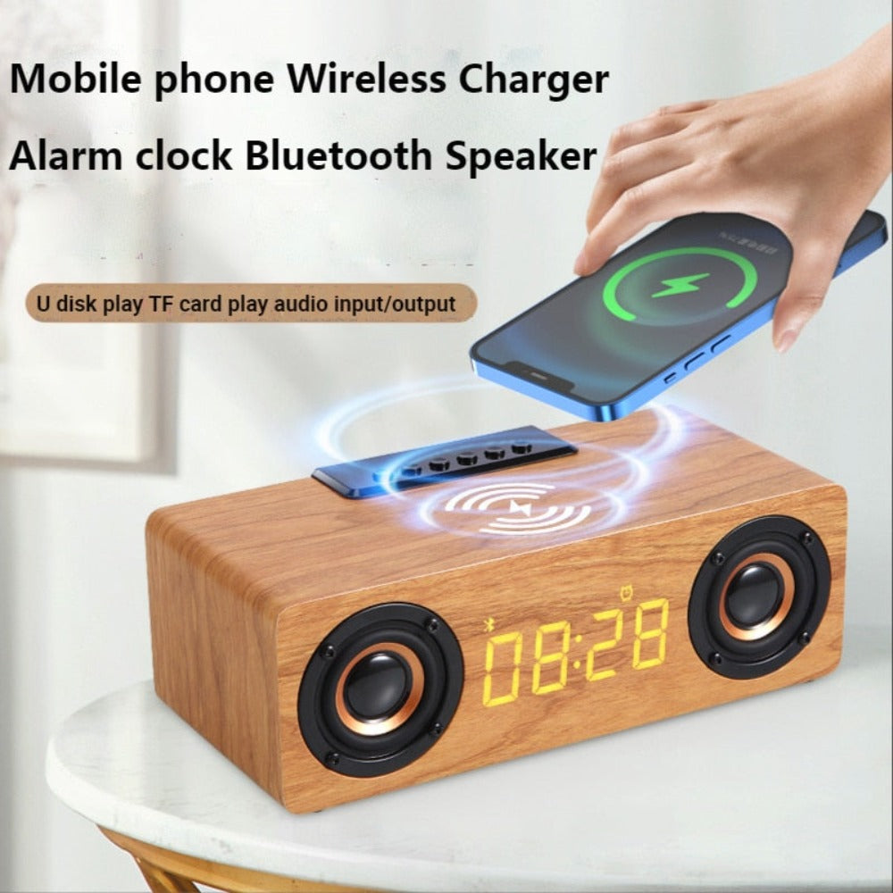 Wooden Retro Theme Wireless Charger Bluetooth Speaker Alarm Clock - Remarkable Finds