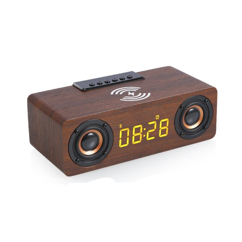 Wooden Retro Theme Wireless Charger Bluetooth Speaker Alarm Clock - Remarkable Finds