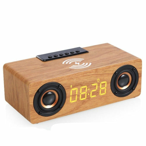 Wooden Retro Theme Wireless Charger Bluetooth Speaker Alarm Clock - Remarkable Finds