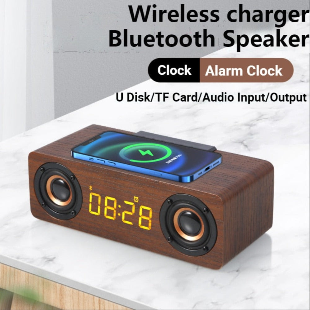 Wooden Retro Theme Wireless Charger Bluetooth Speaker Alarm Clock - Remarkable Finds