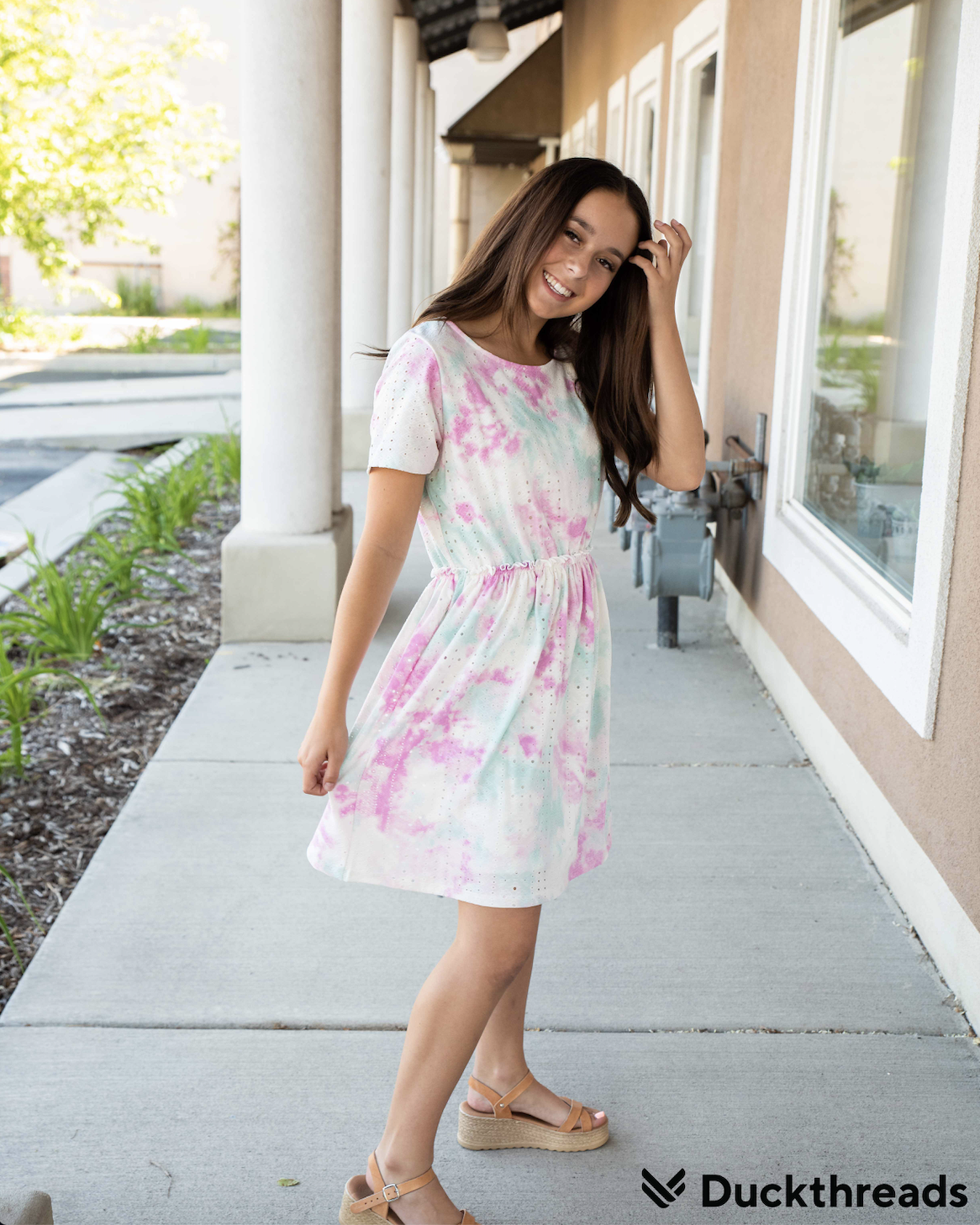 Tie Dye Eyelet dress in Teal & Pink