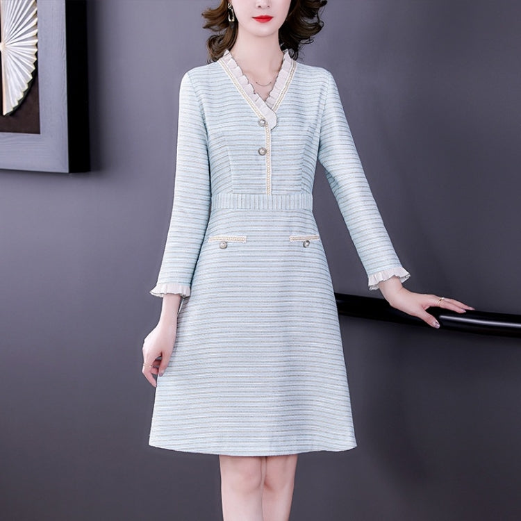 Women V-neck Mid-length Dress (Color:Light Blue Size:XXL)